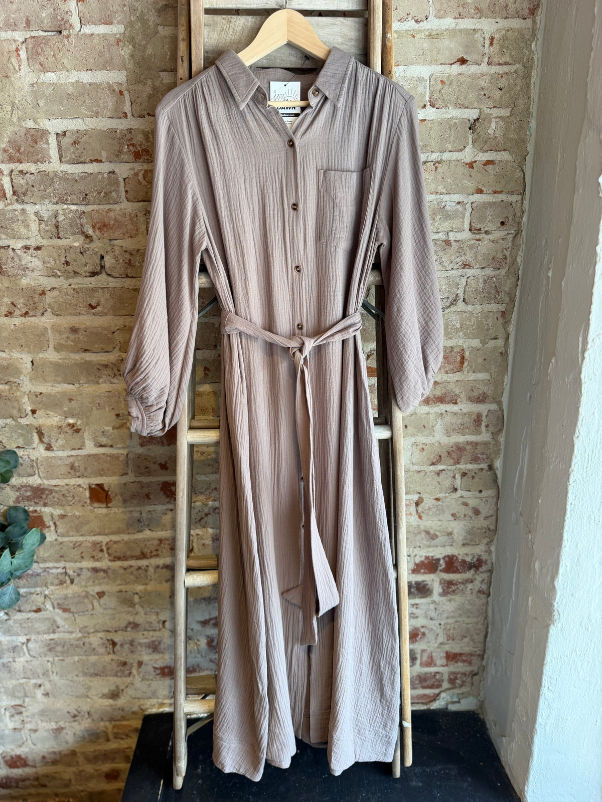 Bubble Sleeve Belted Dress - Mushroom