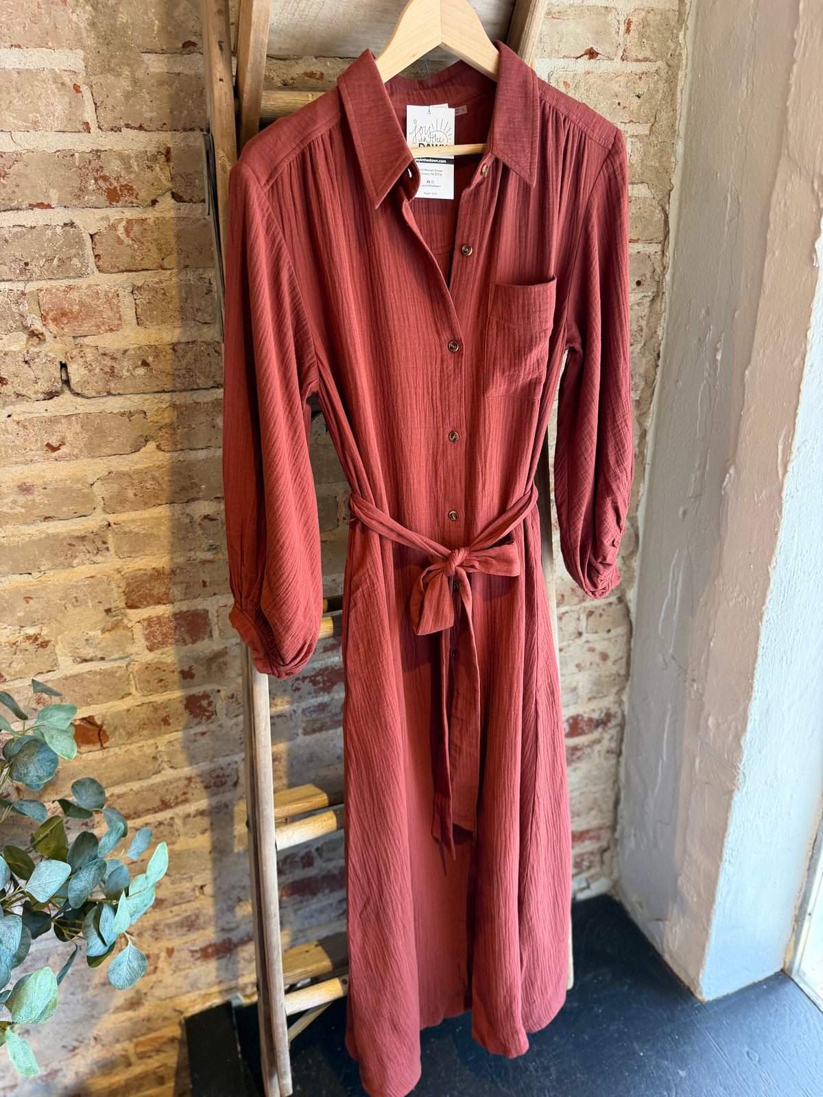 Bubble Sleeve Belted Dress - Hazelnut