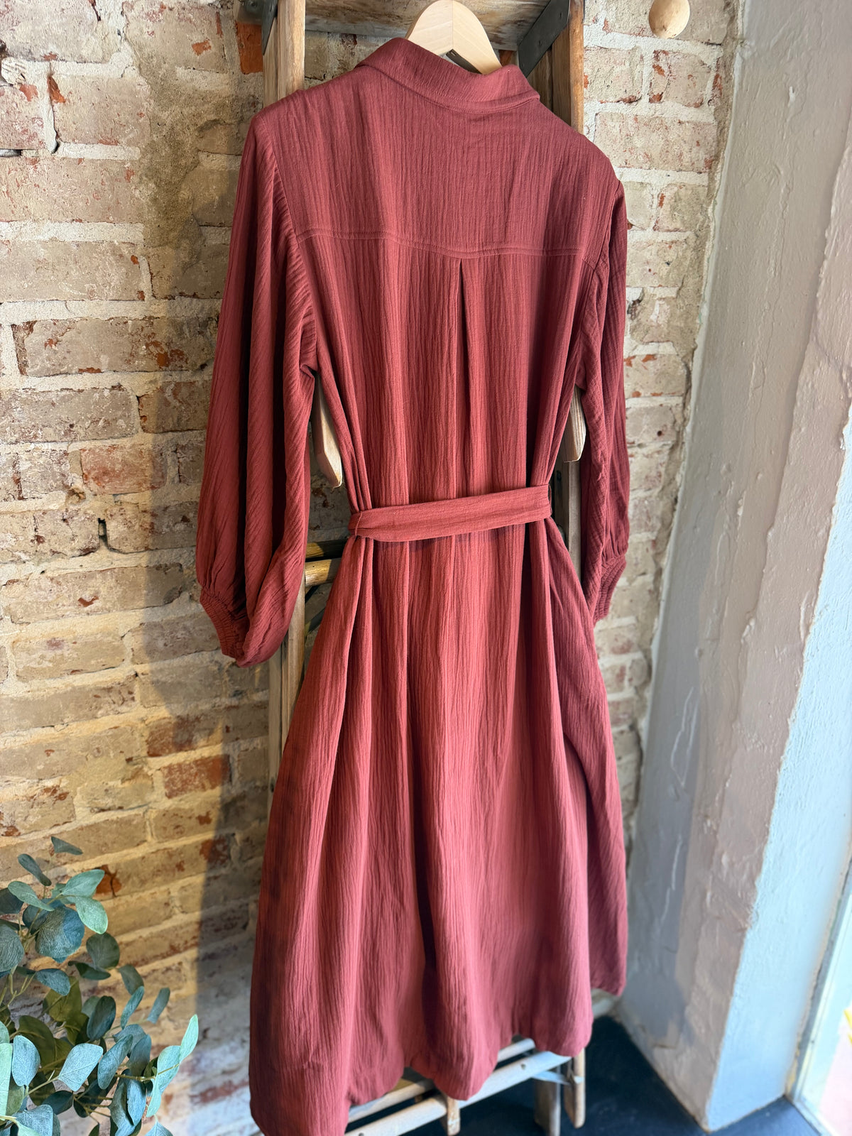 Bubble Sleeve Belted Dress - Hazelnut