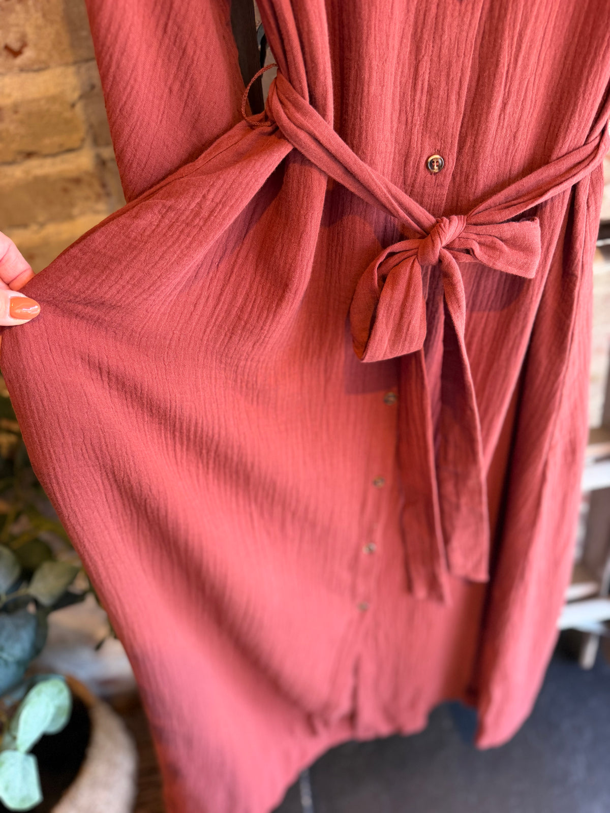 Bubble Sleeve Belted Dress - Hazelnut