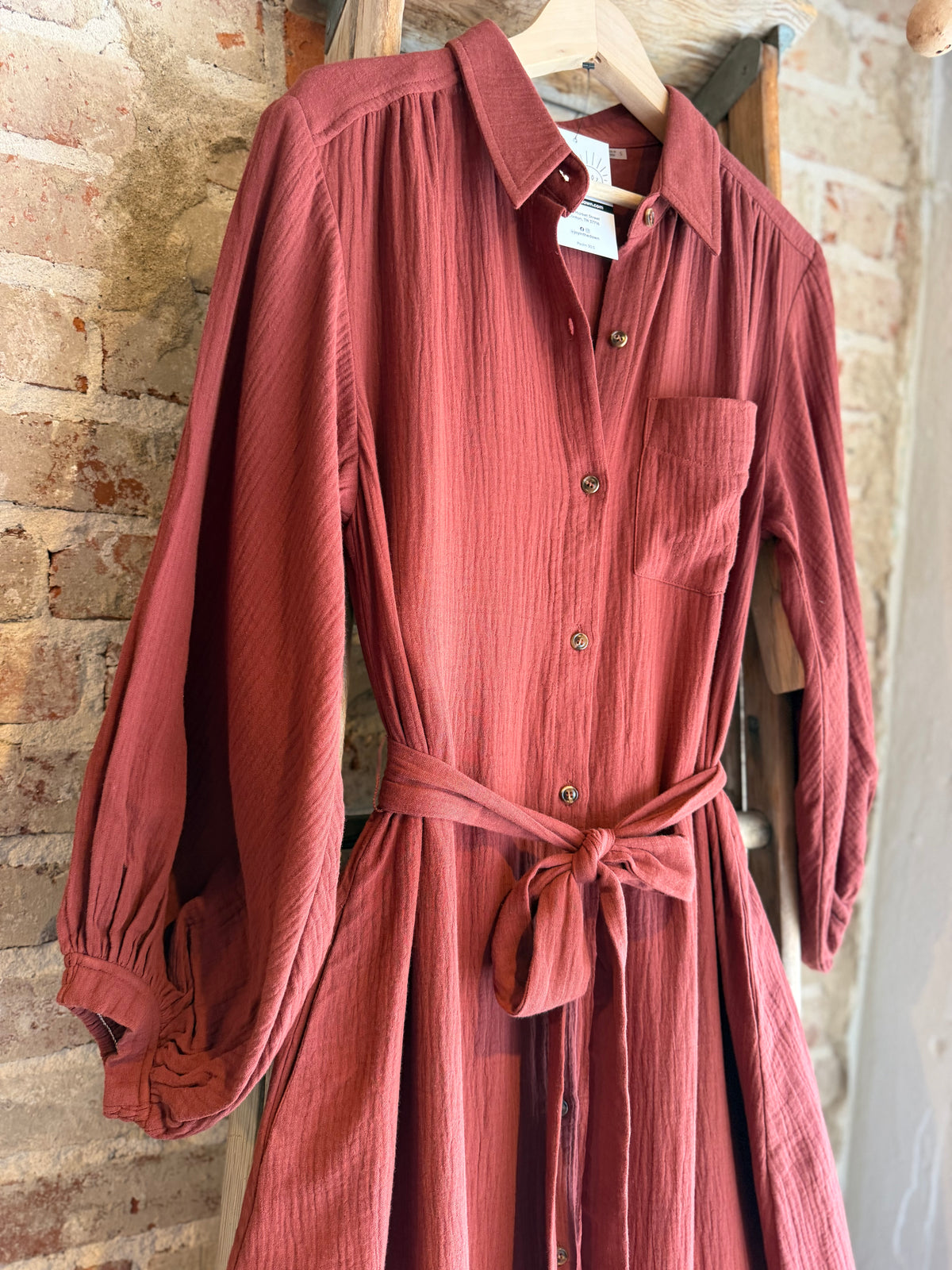 Bubble Sleeve Belted Dress - Hazelnut