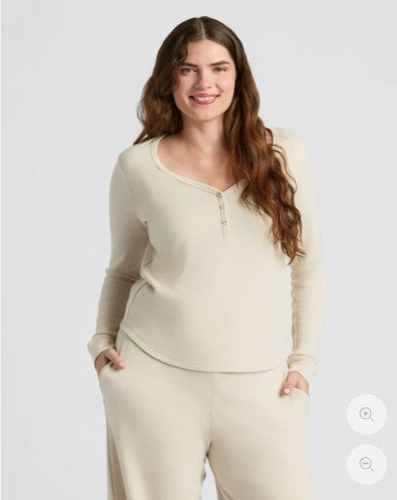 Waffle Knit Long Sleeve Henley - Oatmeal