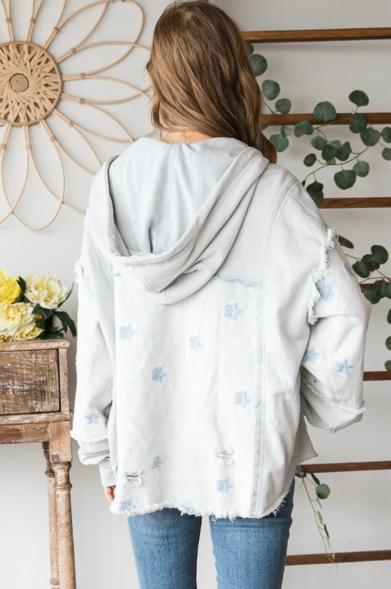Star Embroidered Hoodie- Light Blue