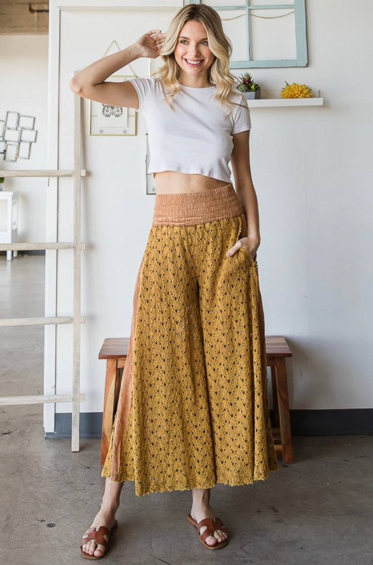 Mineral Washed Lace Wide Leg Pants- Mustard